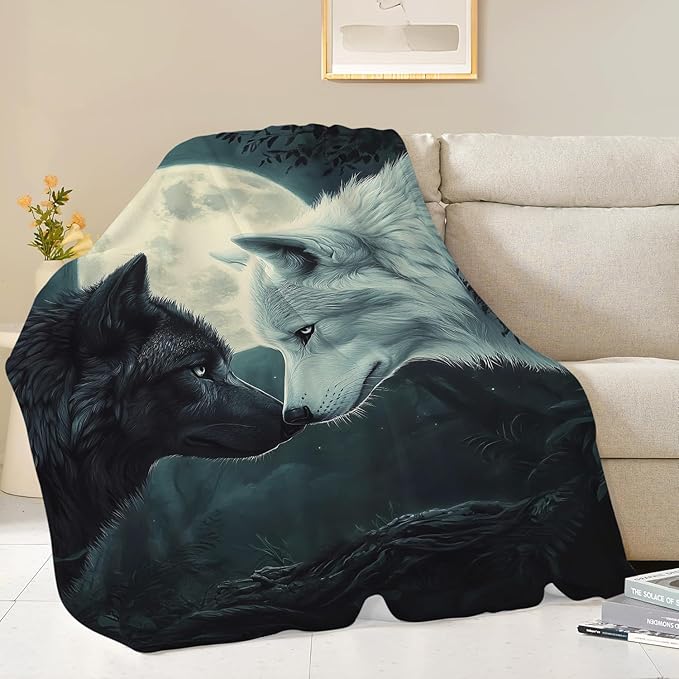 Wolf Blanket Black White Wolf Throw Blanket Wolf Gifts for Men Women Boys Girls Kids Adults Super Soft Cozy Plush Fluffy Fuzzy Fleece Blanket Home Decor 60''X80''