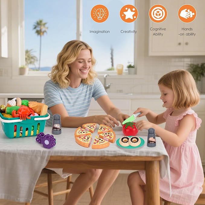 150Pcs Kitchen Playset, Toddlers Pretend Cooking Cookware Accessories, Food, Picnic Blanket, Fruits, Veges, 2Pack Shopping Storage Basket, Dessert and Prop Money, Gift for Kids (White)