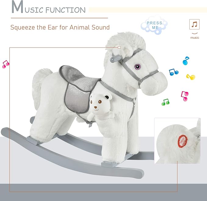 Qaba Kids Plush Ride-On Rocking Horse with Bear Toy, Children Chair with Soft Plush Toy & Fun Realistic Sounds, White