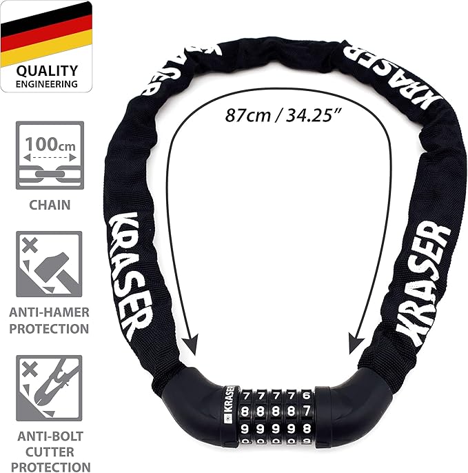 KRASER KR610 Bike Chain Lock, Extra Safety with 5 Digit Code, Thicker and More Durable ø8mm/0.31in Steel Links with Nylon Cover, Anti Theft for Bicycle, Scooter, Gates, Containers, 100cm/3.2ft Long