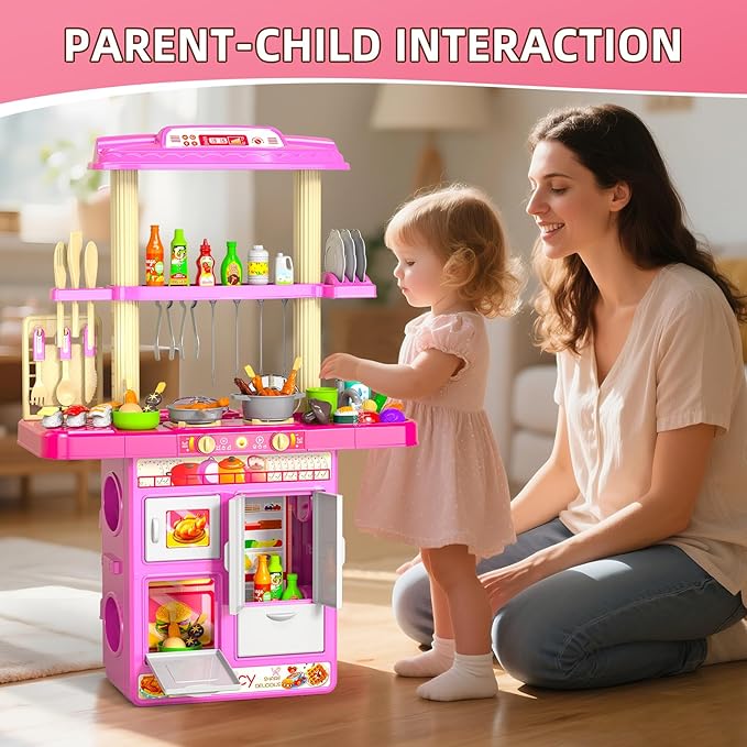 Pretend Play Kitchen Toys for Kid Ages 2-6 4-8, 2 Sided Kitchen Toys with Light, Sound and Spraying, Sink Toy Accessories, Cooking Stoves, Food Toys for Toddlers 1-3 3-5 Boys Girls 6-12 (Pink)