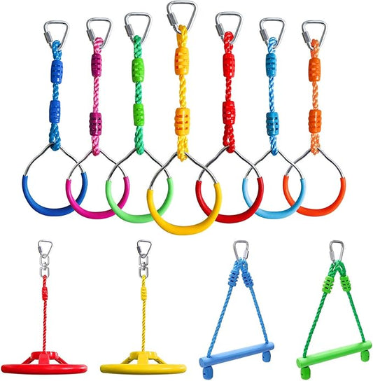 Craft Ninja Warrior Obstacle Course Accessories Kids Outdoor Play - 7pc Rings, 2pc Swing Trapeze Wheels & 2pc Monkey Bars