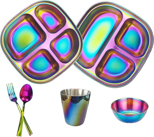 6pc Stainless Steel Kids Plates Set with Fork & Spoon, 2 Piece Divided Non-Toxic Stainless Steel baby Plates & Bowls, Pediatrician Designed, Dishwasher Safe Kids Utensils and Glass (Rainbow)