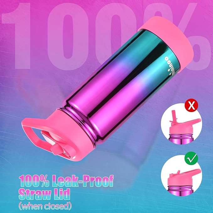 Mininoo Girls Water Bottle for School, 16oz Stainless Steel Insulated Metal Water Bottle with Straw Lid for Boys
