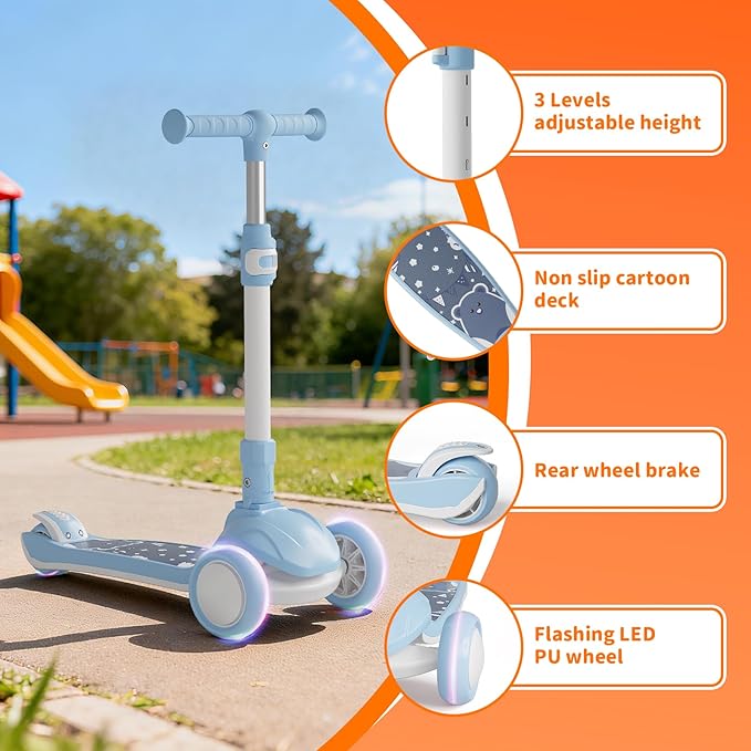 Kick Scooter Kids with LED Lighted Wheels and 3 Adjustable Height, Lean-to-Steer & Widen Anti-Slip Deck, 3 Wheel Scooter for Boys & Girls Up to 110 Lbs