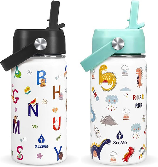 2Pack Kids Water Bottle With Straw Lid,14 oz Stainless Steel Travel Bottle,Double Wall Leak Proof Kids Cup,Insulated Tumbler for Toddlers,Metal Bottle for School Boys Girls(Alphabet+Dinosaur)