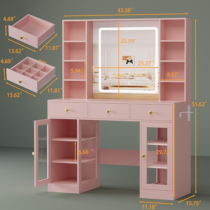 Vanity Desk with Mirror and Lights, White Makeup Vanity with Glass Top & Drawers, 3 Lighting Modes, Power Outlet, RGB Glass Cabinets, Modern Dressing Table for Girls, Women, Teens