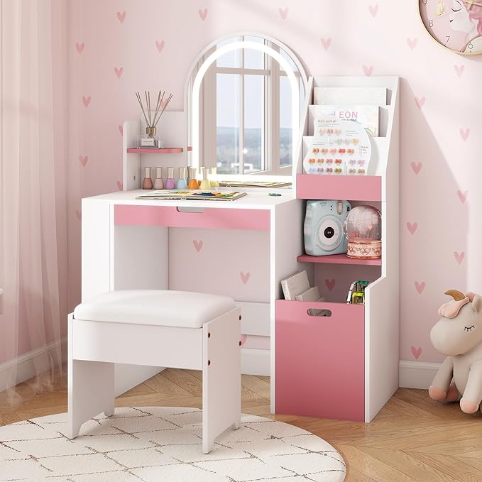 ARTETHYS Kids Vanity with Mirror and Lights Small Princess Pink & White Dressing Table with Open Bookshelf 3 in 1 Toddler Makeup Vanity Desk Set with Storage Chair and Toy Organizer for Little Girls
