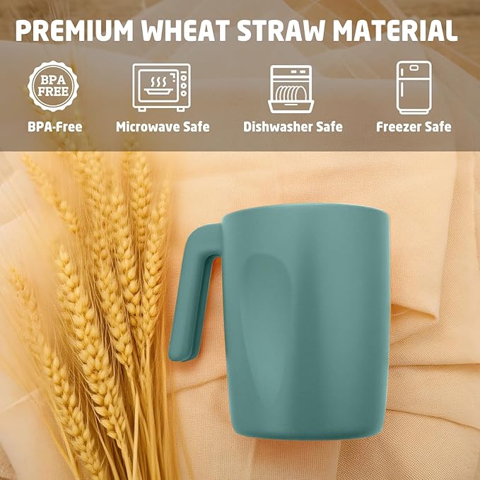 Coffee Mug 16 OZ, Wheat Straw Coffee Mugs Set of 6, Unbreakable Water Tumbler, Plastic Mugs with Handles, Microwave and Dishwasher Safe Camping Coffee Cups for RV, Outdoor Activities - Green