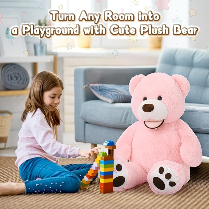 MorisMos Giant Teddy Bear, 39inch Large Stuffed Animals with Big Footprints Plush Stuffed Bears Gifts for Kids, Pink