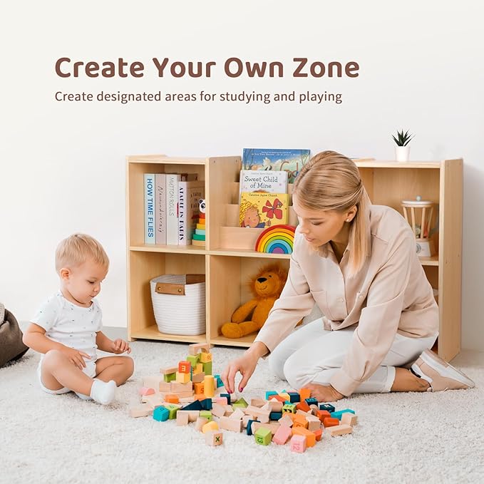 OOOK Montessori Bookshelf and Toy Storage Organizer, 2-Tier Horizontal Bookshelf, 5-Compartment Toy Storage Cabinet with Book Rack, Ideal Choice for Kids Classroom Organizer, Playroom and Daycare