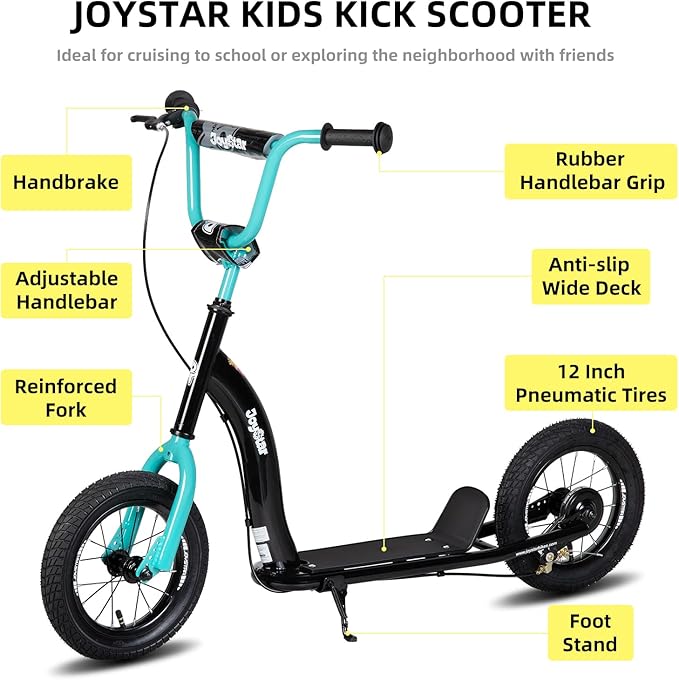 JOYSTAR Kick Scooter for Kids 5+ Teens & Youth, Lightweight Kids Scooter with Adjustable Handlebar, 2 Wheel Scooter for Boys & Girls, 12" Inflatable Wheels Rear Drum Brakes