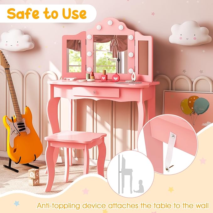Costzon Kids Vanity, Girls Vanity Set with Mirror and Stool and Lights, Drawer, 2 in 1 Wooden Princess Makeup Desk Dressing Table, Toddler Vanity, Kids Vanity Table and Chair Set (Pink)