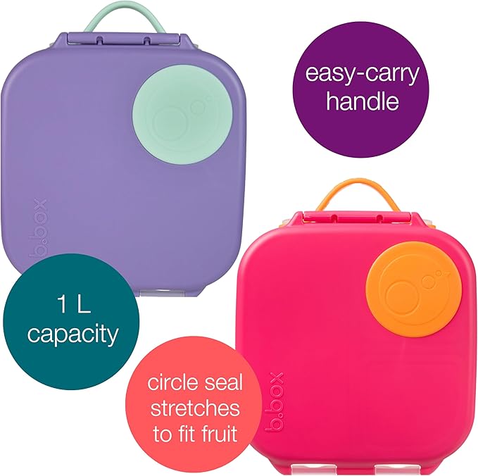 b.box Mini Lunch Box (2-pack), Bento Box for Kids Snack Container with 2 Leak-Proof Compartments, Reusable Snack Containers with Lids, BPA Free Kids Lunch Box, 4 1/4 Cup (Lilac Pop+Strawberry Shake)