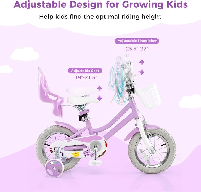 BABY JOY Kids Bike, 12 14 16 18 Inch Children Bicycle w/Detachable Training Wheels, Storage Basket, Adjustable Seat & Handlebar, Bow or Streamer, Girls Bike for 3-8 Years Old