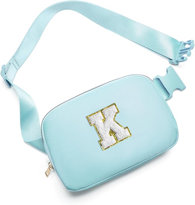 Gitus Birthday Gifts for 8 9 10 11 12 13 Year Old Girls Personalized Fanny Pack Crossbody Bags with Initial Letter Patch Belt Bag for Teen Girls Cute Trendy Stuff Travel Essentials (Icingblue-K)