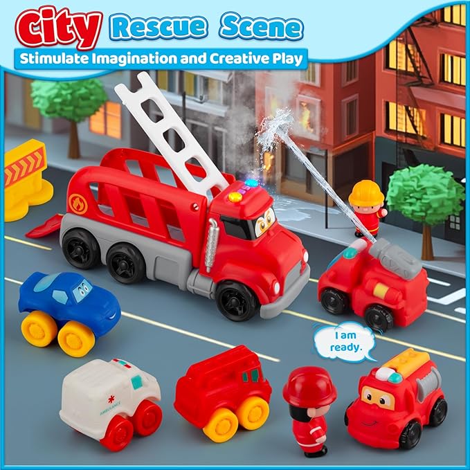 Soft Rubber Toy Figure Car for 1 Year Old Boy 13 PCS Cartoon Cars with Trailor Baby Toys for 12-18 Months & Toddler Age 1-2|First Birthday, for 1 2 3 Year Old Boy