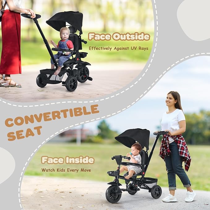 Folding Kids' Tricycle, 8 IN1 Baby Trike W/Removable Canpoy&Parental Push Rod, Toddler Bike Stroller for Kids 1-5 Years, 360° Swivel Seat, EVA Wheels，Storage Basket, Black
