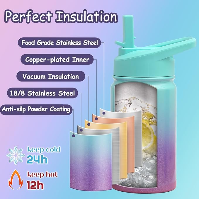 Mininoo Insulated Kids Water Bottle, 12 oz Stainless Steel Water Bottle Kids with Straw Lid and Chug Lid for Girls, Boys (Aurora)