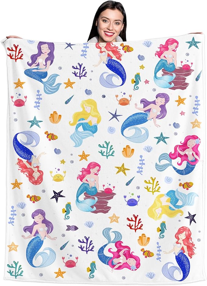 Wajade Kids Mermaid Blanket for Girls Soft Fleece Blanket for Couch Sofa Bedroom Mermaid Marine Life Throw Blanket for Kids Teens 60"x80"