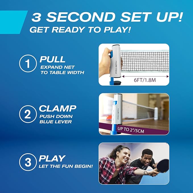 PRO-SPIN Portable Ping Pong Set with Retractable Ping Pong Net for Any Table, All-in-One Table Tennis Set with Ping Pong Paddles, Balls & Case, Table Top Family Game