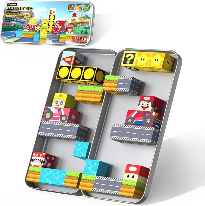 35 PCS Mini Magnetic Tiles Travel Set with Portable Iron Storage Box, STEM Educational Magnetic Building Blocks for Kids Ages 3-8, Montessori Sensory Toys Gifts for Toddler, Boys & Girls