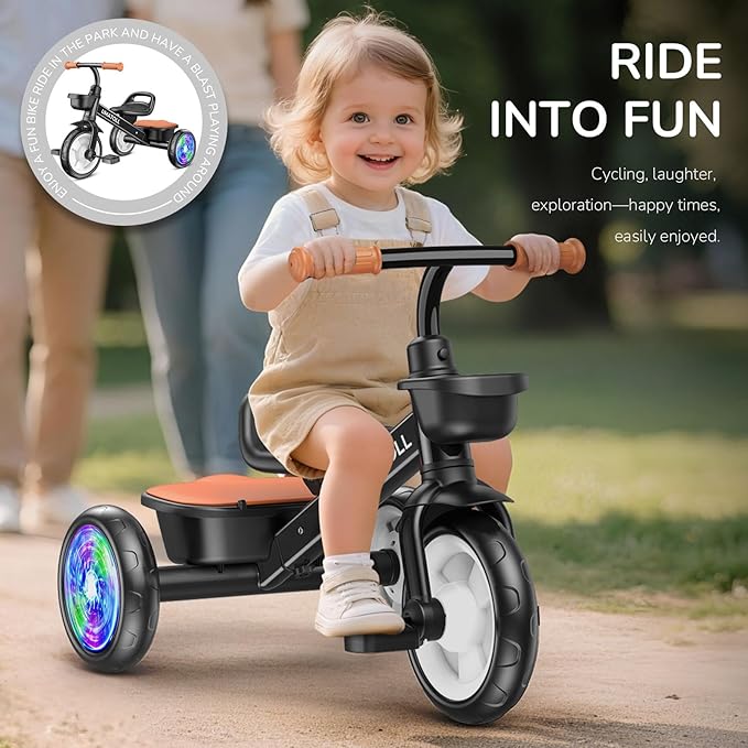 Umatoll Tricycle for Toddlers 2-5 Year Old, Ajustable Toddler Bike Outdoor Toys, Birthday Gift for Boy Age 2-4, Trike with Light up Wheels
