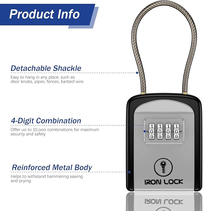 Iron Lock® Portable Key Lock Box with Removable Cable Shackle Indoor Outdoor Waterproof 4 Digit Combo Resettable Code with A B Switch Key Lockbox for Outside Spare Keys for Realtors (Small, Grey)