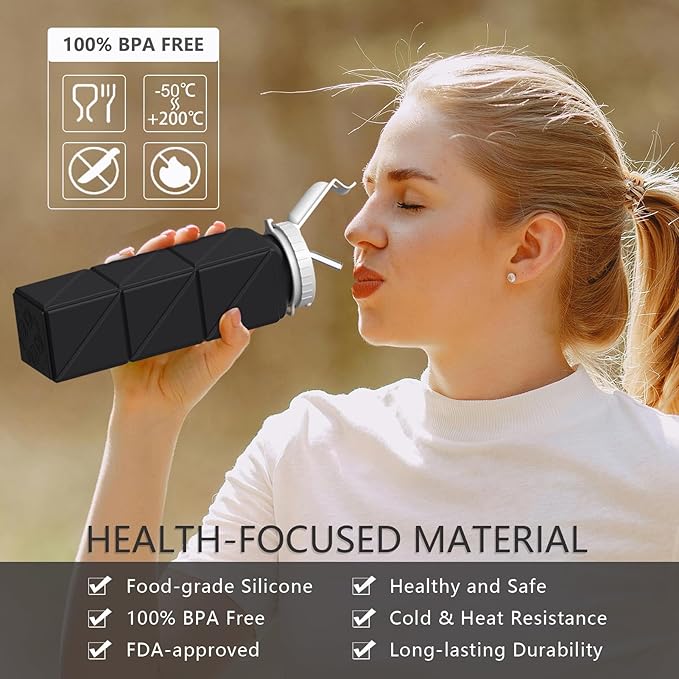 Collapsible Water Bottles with Straw 20.6oz, Silicone Foldable Portable Water Bottle, Lightweight Reusable Leakproof for Travel Camping Hiking Cycling Yoga Sports, 1 Pack (Black)