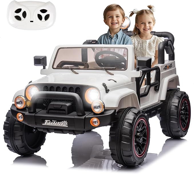 24V XL Kids Electric Ride on Truck Car 2 Seater Remote Control for Toddlers 2-8, 160W 2 Motors 5MPH Max Speed, Bluetooth USB Music Player, LED Lights Safety Belt, Gift for Boys Girls, White