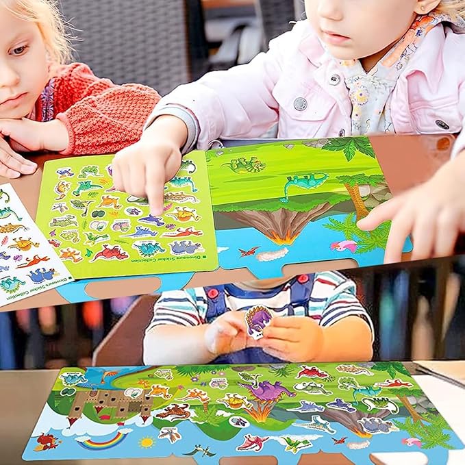 Reusable Sticker Books for Kids, Travel Removable Toddler Dinosaur Sticker Books for 3 4 5 Year Old Girls Boys Birthday Gifts Educational Learning Toys