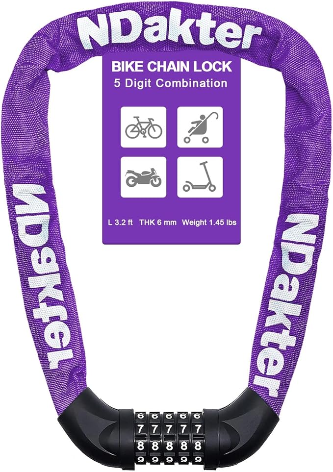 NDakter Bike Chain Lock, 5 Digit Combination Heavy Duty Anti Theft Bicycle Chain Lock,2.62/3.2/4.27/5/6Ft Long Security Resettable Bike Locks for Bike, Bicycle, Scooter, Door, Gate, Fence-4/6mm Thick