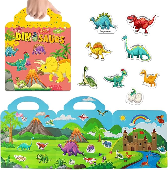 Reusable Sticker Book, Dinosaur Stickers Educational Learning Toys Travel Stickers Activity Books for Toddler Girls Boys Age 3+ Birthday Gifts