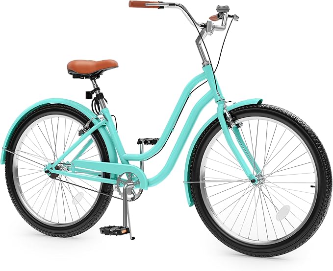 YITAHOME 24 & 26 Inch Beach Cruiser Bike, 7 Speed & Single Speed Commute Bike, Step-Through Bicycle for Adult Women & Men, Steel Frame Cruiser Bike with Full Front & Rear Fenders