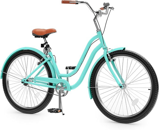 YITAHOME 24 & 26 Inch Beach Cruiser Bike, 7 Speed & Single Speed Commute Bike, Step-Through Bicycle for Adult Women & Men, Steel Frame Cruiser Bike with Full Front & Rear Fenders