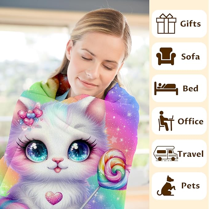 Blanket for Girls Daughter Personalized Cat Throw Blankets Gift for Kids Teens 10-12, 50x60 Inches Comfy Soft Custom Flannel Throw Decor for Couch Bedroom Living Room All Seasons