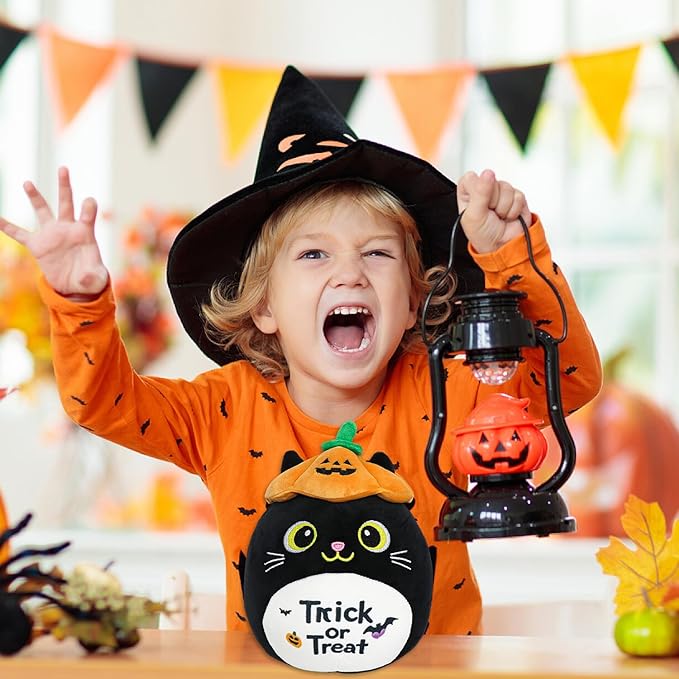 Halloween Stuffed Animal, Halloween Plush Black Cat with Pumpkin Hat, Cute Plushies for Kids Gift