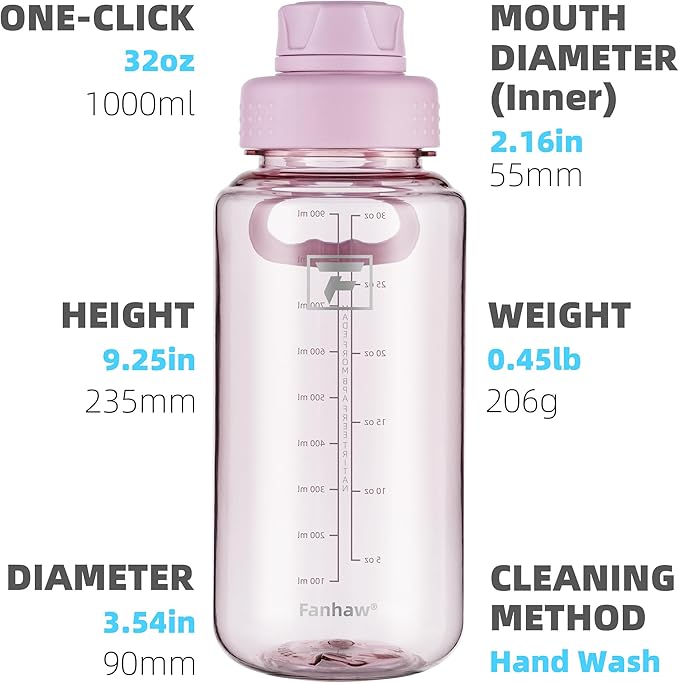 Fanhaw 32 oz Clear Water Bottle with Fast-Flow Spout Lid, BPA-Free Tritan, Wide Mouth, Leakproof, Reusable Bottle for Gym, School, Office, Travel (Cherry Blossom)