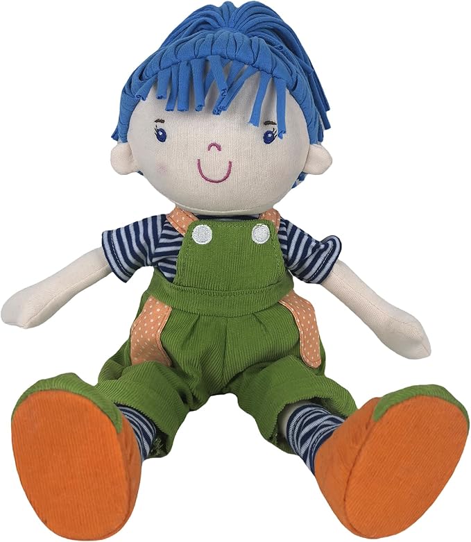 13” Soft Baby Doll, Plush Toy Soft Stuffed Figure for Kids, Plush Toys Adorable Blue - Haired Rag Doll, Green Overalls Design, Soft Cuddly Dolls Companion Perfect Plushie Gift for Kids