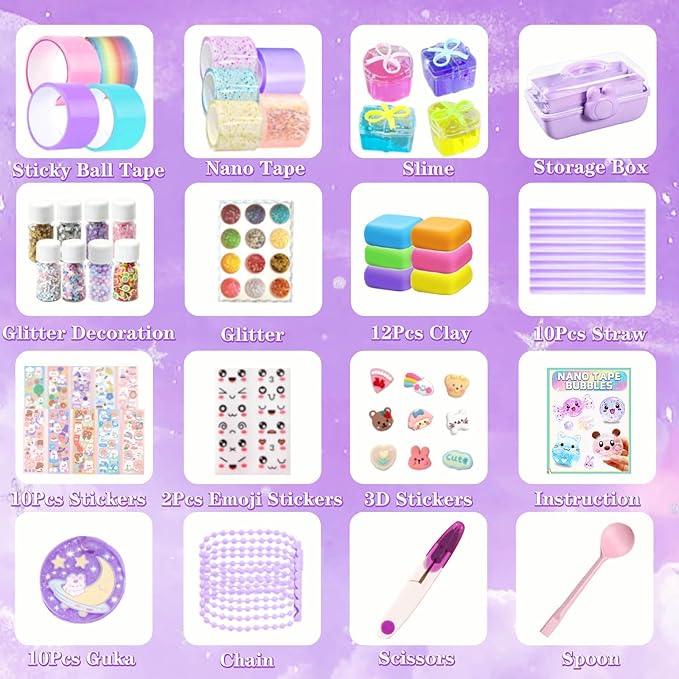 Nano Tape Bubble Kit for Kids, 4 Sticky Ball Tapes and 5 Nano Tapes, Squishy Maker Making Kit, Christmas Birthday Arts and Crafts Gifts for Girls, Cute Things Toys for Girls 4-6 8-10 10-12 Years Old