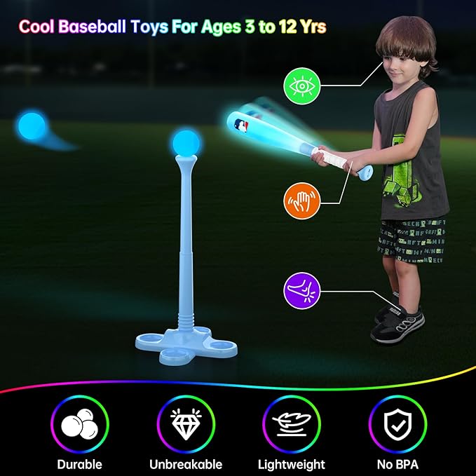 LED Tball Set for Toddlers 3-5, 5-8, Light up Tee Ball Set for Toddlers, Glow in The Dark T Ball Set for Kids 3-5, Kids Outdoor Toys Baseball Toys Gifts for Boys Girls (Blue)