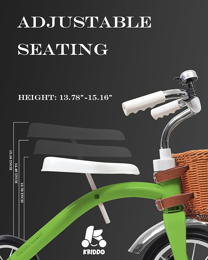 KRIDDO Classic All Metal Toddler Trike, Gift for Boys and Girls Ages 2 to 4 Year Old, Tricycle for 1 to 3 Year Olds, Sturdy Rear Deck, Deluxe Steer and Ergonomics Grip, Indoor and Outdoor, Green