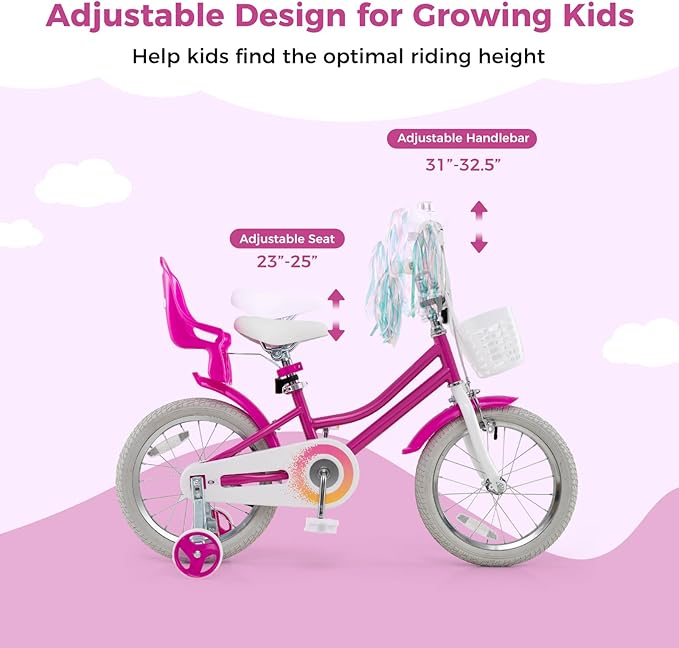 BABY JOY Kids Bike, 12 14 16 18 Inch Children Bicycle w/Detachable Training Wheels, Storage Basket, Adjustable Seat & Handlebar, Bow or Streamer, Girls Bike for 3-8 Years Old
