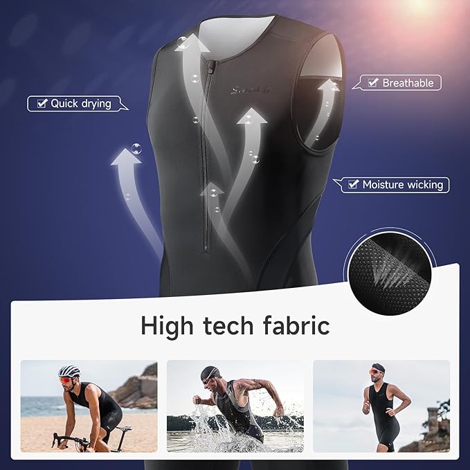 Santic Men's Triathlon Suit Sleeveless Skinsuit Padded Quick-Dry Swim Bike Run with Pockets