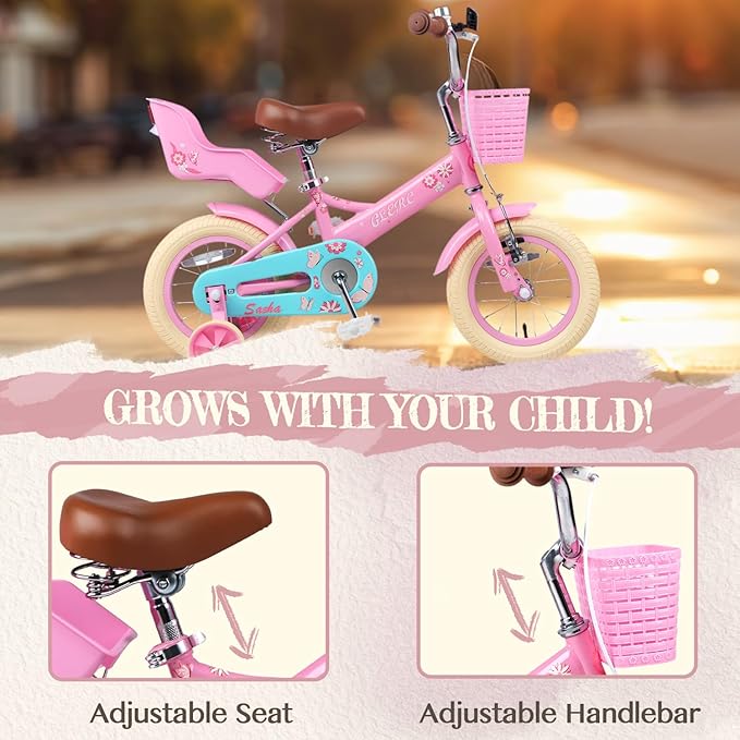 Glerc Sasha Girls Bike, 12-20 Inch Kids Bike for Children Ages 2-13 Years, Kids Bicycle with Doll-Seat & Basket & Training Wheels, Multiple Colors