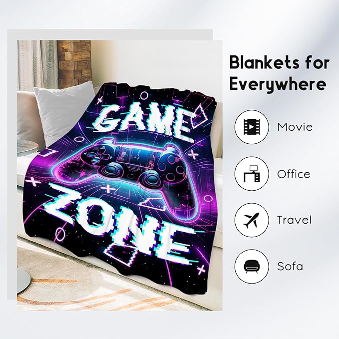 Gaming Blanket for Boys Men, Gamer Gifts for Kids Teen, 40"x50" Flannel Blankets Gift Ideas for Bedroom, Soft Fuzzy Throws for Couch Office Sofa