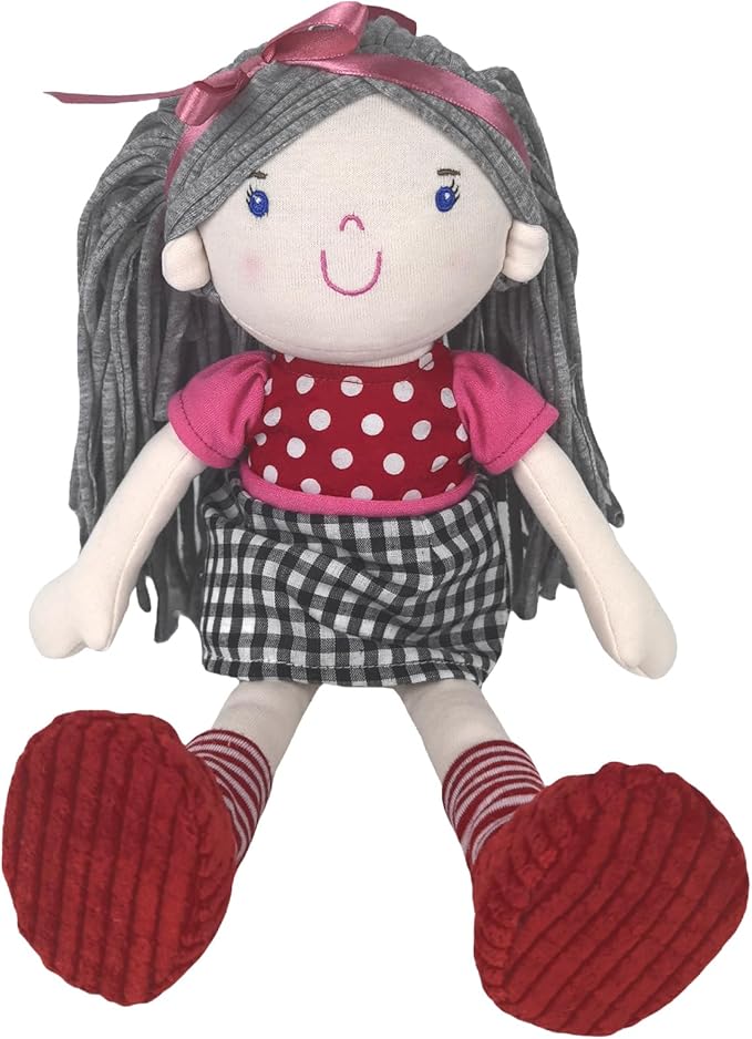 13” Soft Baby Doll Toy, Plush Rag Doll Featuring Gray Flowing Hair, Pink Headband, Polka - Dot & Checkered Dress, Ideal Stuffed Toy for Kids' Gifting & Play