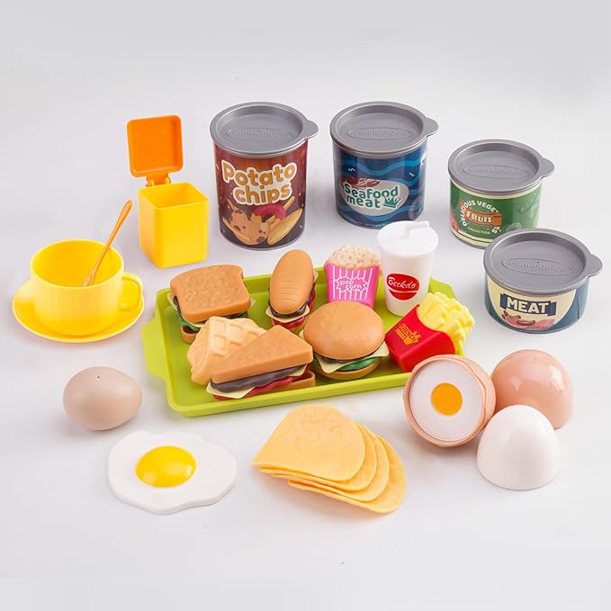 200Pcs Mini Play Kitchen Accessories for Kids, Pretend Cooking Playset with Cookware, Tableware & 2 Fruit Sets, Learning Gift for Girls, Boys, Toddlers, Yellow