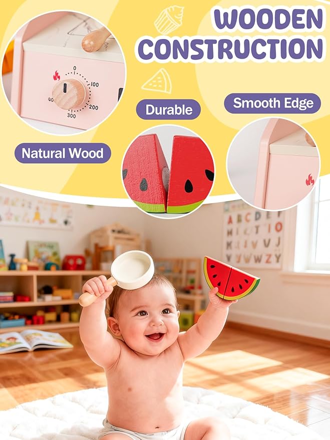 VBABY Wooden Play Kitchen Set, Small Toddler Kitchen Playset with Cutting Fruits, Pretend Cooking Toy for Kids, CPC Certified Premium Present for Toddlers 1-3