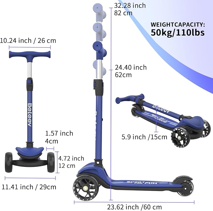 BELEEV A8 Scooter for Kids Ages 3-12, 3 Wheel Folding Scooter for Toddlers Girls Boys, LED Light-Up Wheels, 4 Adjustable Height, Lean to Steer, Extra Wide Wheels, Three Wheel Kick Scooter for Children